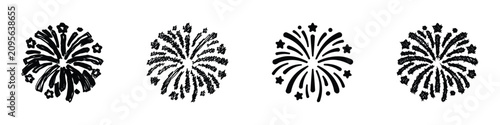 Foto A set of four distinct, stylized firework bursts rendered in a sketchy, monochro