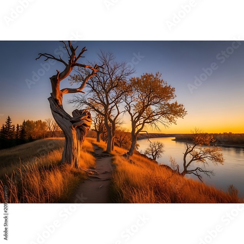 Solitary tree silhouetted against vibrant sunset sky.