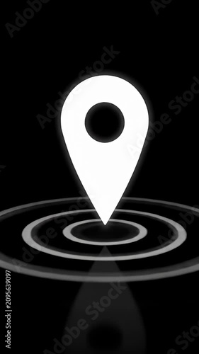 White location map pin icon on black background.