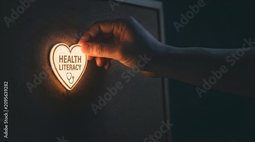 A person placing a glowing health literacy heart symbol on a dark wall for medical awareness