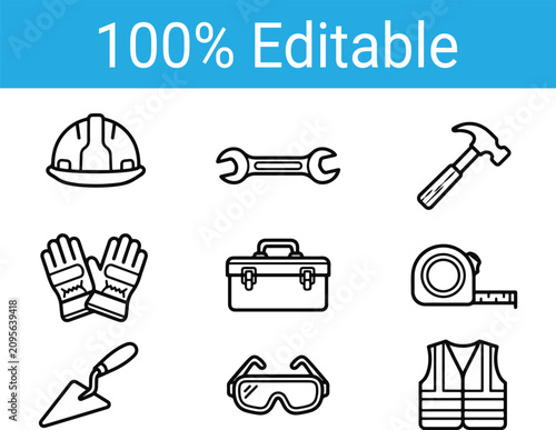 Fotografie 9 Construction Industrial work tools icon set, black silhouettes of different eq