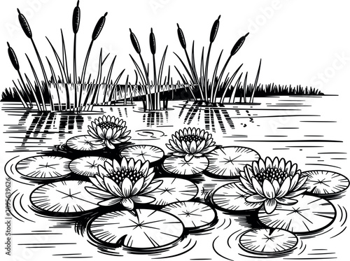 фотографія Hand drawn water lily pond vector elements, vintage line art sketch wetland grap
