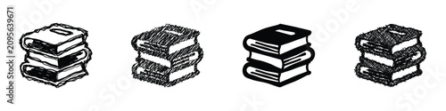 Tableau sur toile A compilation of four distinct artistic interpretations of stacked books, showca