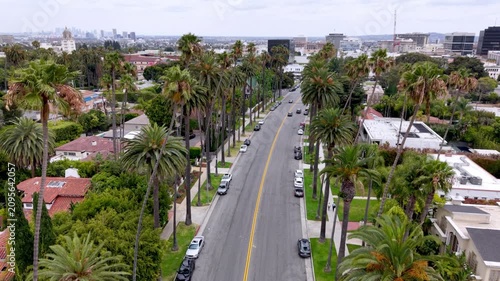beverly hills california with palms aerial push in