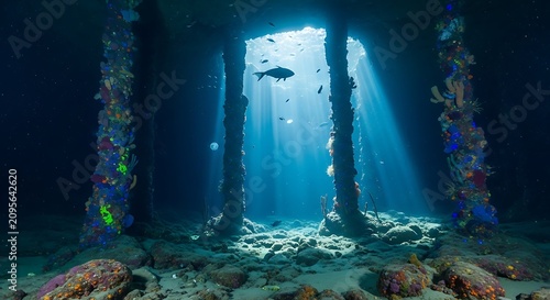 Underwater cave with crystal clear blue water and rock formations.