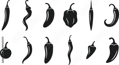 Foto Set of black chili pepper icons, various shapes and sizes of hot spicy peppers