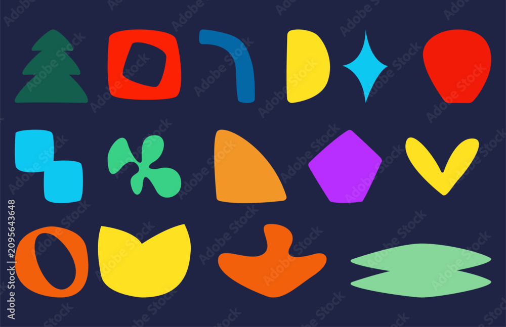 Fototapeta premium Set of abstract organic shapes. Minimalist flower, tree, sparkle, geometric shape in funky groovy. Suitable for print, sticker, banner. Vector illustration