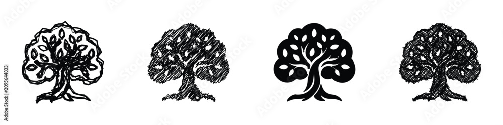 Fototapeta premium A set of four distinct tree illustrations, each rendered with unique artistic styles from sketchy to solid silhouette