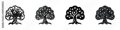 A set of four distinct tree illustrations, each rendered with unique artistic styles from sketchy to solid silhouette