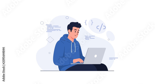 Young man coding on laptop, modern flat illustration with programming symbols, concept of software development and technology