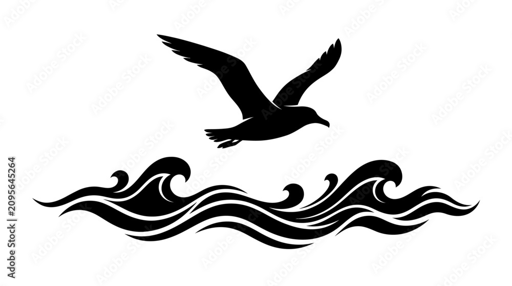 Naklejka premium Seagull And Waves Silhouette Against White Background
