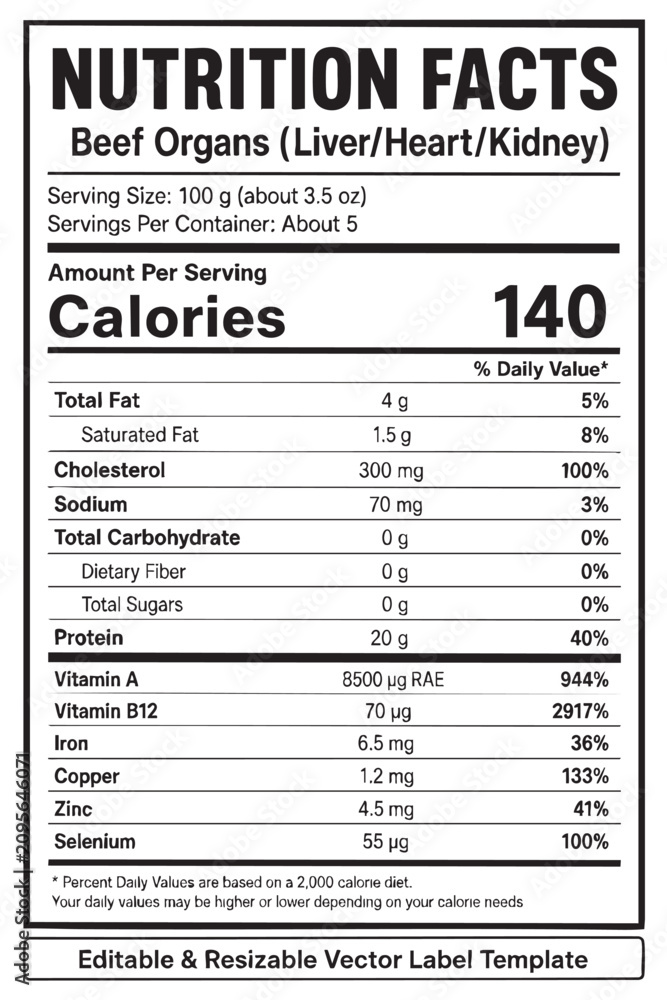 Fototapeta premium nutrition facts vector label template for beef organs featuring liver, heart, kidney