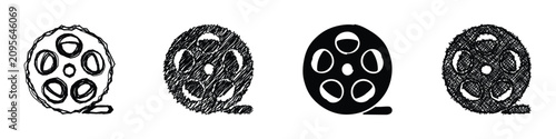 A set of four distinct film reel icons, showcasing various artistic interpretations from sketch to solid silhouette