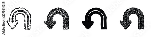 Foto A set of four distinct U-turn arrow icons, showcasing varied hand-drawn and soli