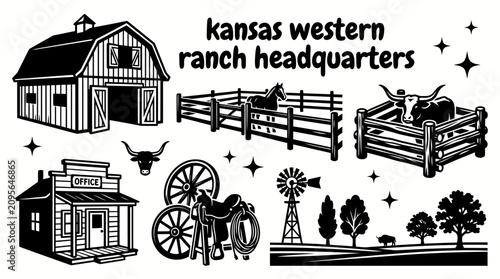 фотографія cowboy ranch headquarters in kansas featuring wooden corrals horse barns cattle