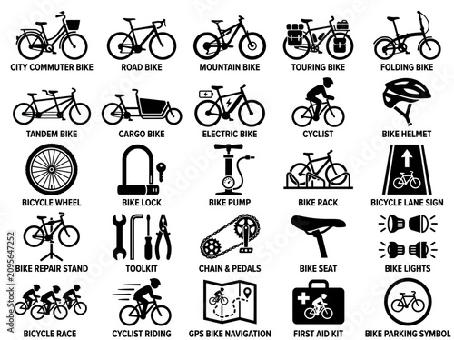Bicycle Icons and Symbols Set: Types, Accessories, and Gear