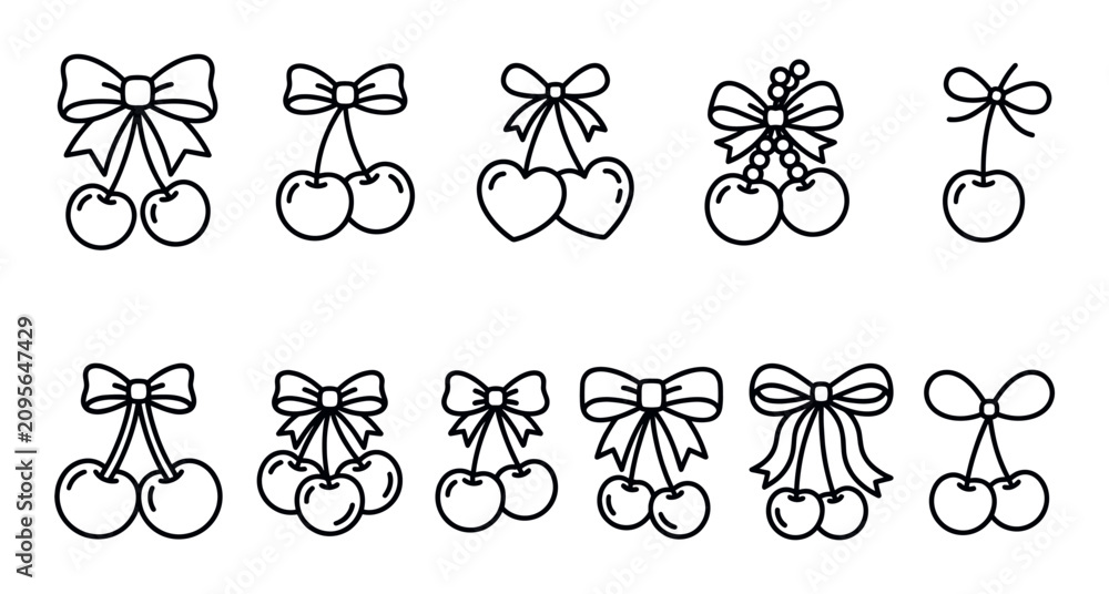 Fototapeta premium Various black outline cherry and bow icons are arranged in rows on a clean white background, creating a simple pattern