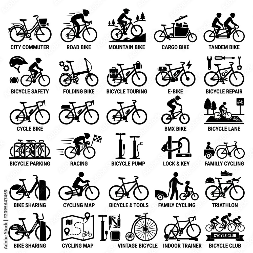 Obraz premium Bicycle Icons Set: Types of Bikes, Cycling Gear, and Accessories