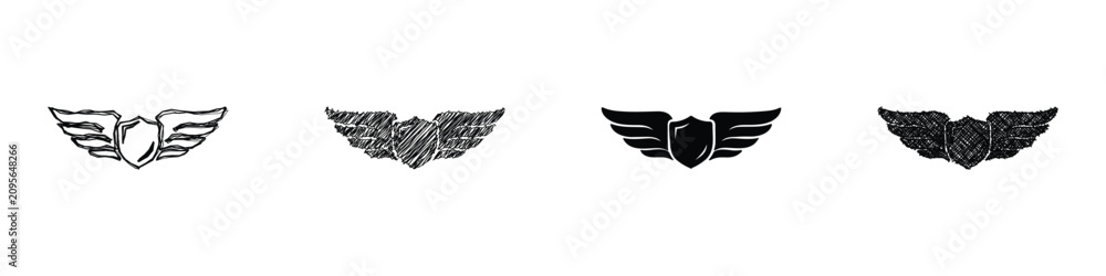 Obraz premium Collection of four stylized winged shield icons, varying from sketch to solid silhouette, perfect for emblems and logos
