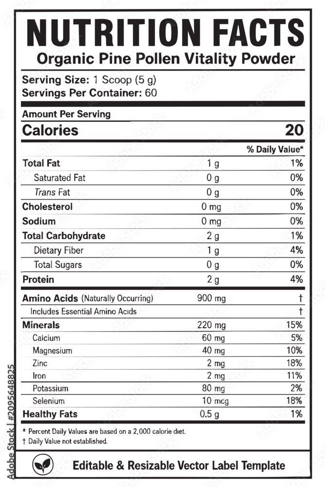 Fototapeta premium nutrition facts vector label template for organic pine pollen vitality powder
