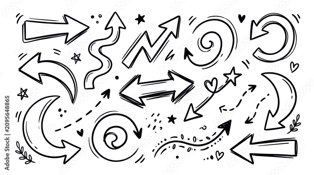 Fototapeta premium Diverse collection of hand-drawn black arrows and doodle elements, including stars and hearts, on a clean white background