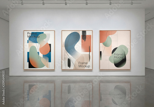 Art gallery frames mockup on white wall interior