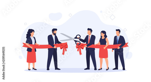Grand Opening Ribbon Cutting Ceremony with Business People in Suits