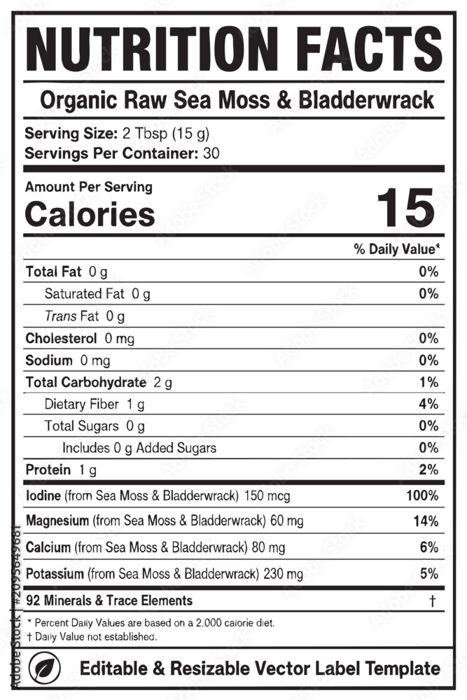 Fototapeta premium nutrition facts vector label template for organic raw sea moss and bladderwrack