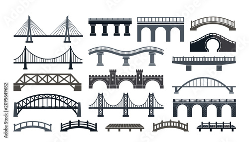 Bild auf Leinwand Architectural bridge silhouette icon vector set