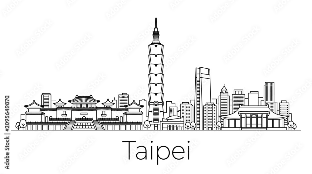 Obraz premium Taipei Skyline Silhouette - Famous Landmarks Line Art - Taiwan Cityscape