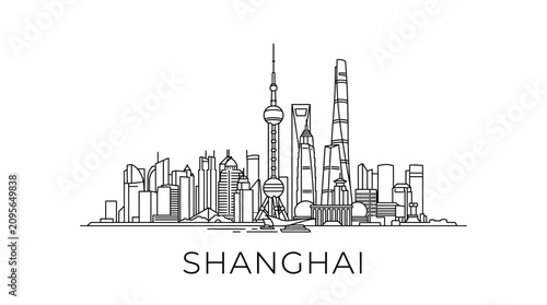 Shanghai skyline outline, modern cityscape, monochrome illustration, urban architecture.