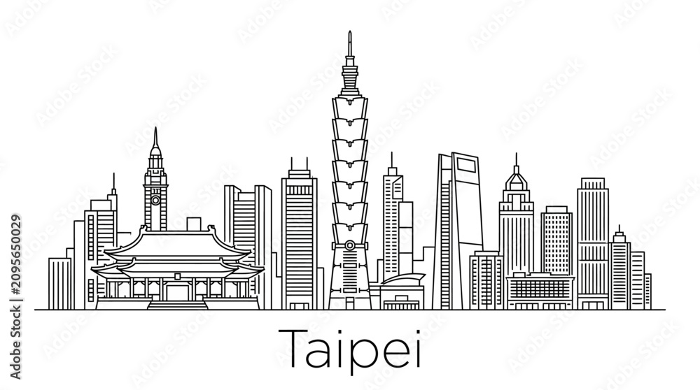 Obraz premium Taipei Skyline Silhouette, Taiwan Landmark Buildings Vector Art