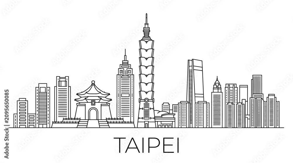 Obraz premium Taipei skyline, modern cityscape, iconic landmarks, minimalist line art illustration