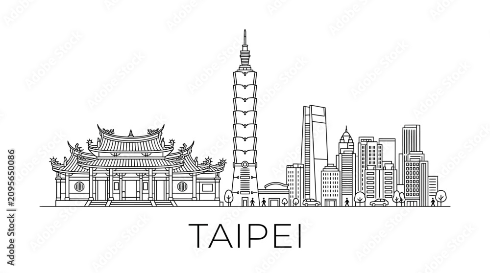 Obraz premium Taipei Skyline Silhouette with Taipei 101 and Traditional Temple