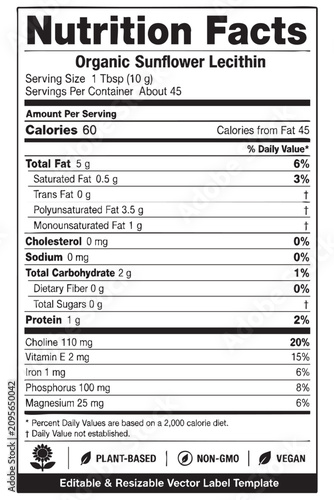 Tableau sur toile nutrition facts vector label template for organic sunflower lecithin