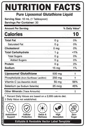 nutrition facts vector label template for pure liposomal glutathione liquid