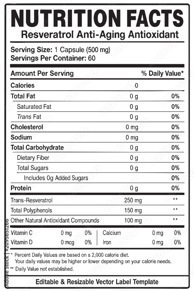 Fototapeta premium nutrition facts vector label template for resveratrol antioxidant supplement