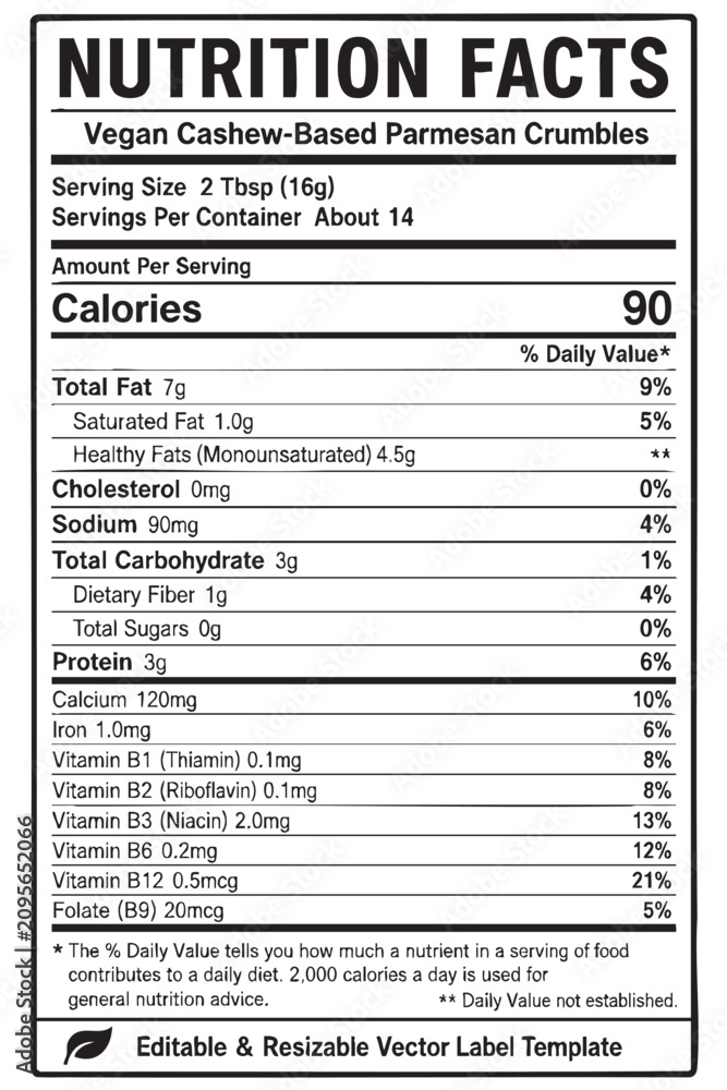 Fototapeta premium nutrition facts vector label template for vegan cashew-based parmesan crumbles