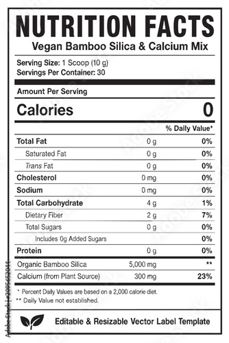 Canvastavla nutrition facts vector label template for vegan bamboo silica and calcium mix