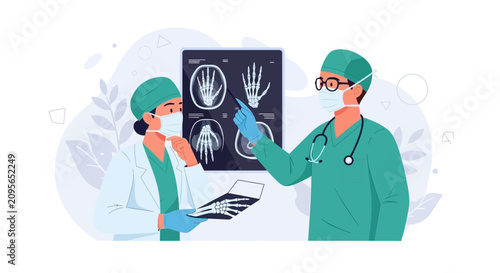 Two doctors examining hand X-rays, discussing diagnosis and treatment in a modern clinic setting.