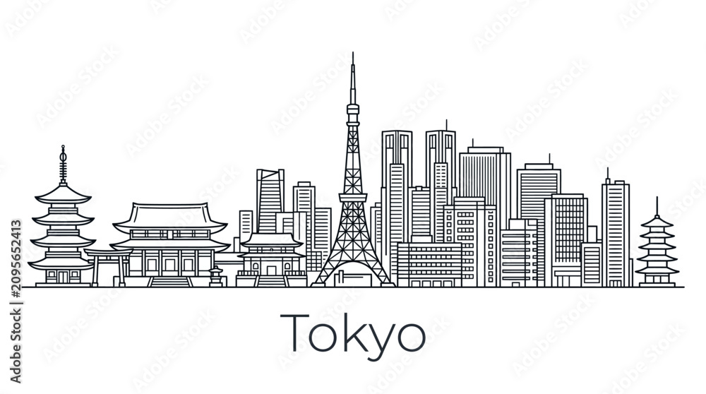 Obraz premium Tokyo Skyline Outline with Landmarks - Modern and Traditional Architecture