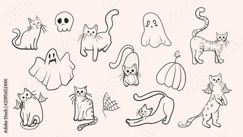 Vector hand drawn illustration set of cute Halloween cats and symbols. Spooky pets in bat and ghost costumes skull pumpkin and spider web line art sketches isolated on background. Design elements for 