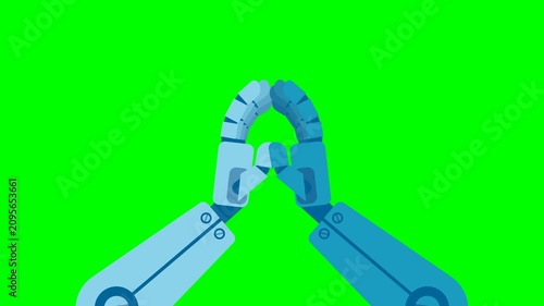 Working together with AI, AI help or support coworker, assistance, partnership. Making high five sign, clapping, cooperation of one robot with another. 2d flat animation. Alpha channel. Looped video