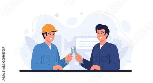 Two smiling male workers in uniform and hard hat holding wrenches, representing teamwork and repair in industrial settings.