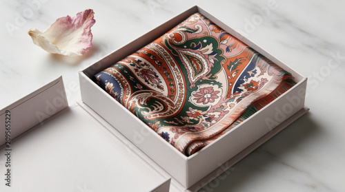  A luxury silk scarf folded elegantly inside a minimalist gift box with magnetic closure. Soft diffused light reveals the silk's subtle sheen and intricate pattern. Box rests on a marble surface with 