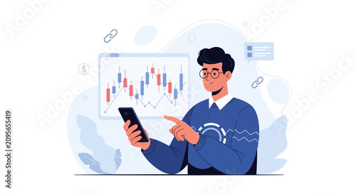 Man using smartphone to analyze stock market trading charts and financial data, vector illustration, business concept