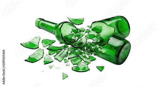 Broken green glass beer bottle isolated on transparent background