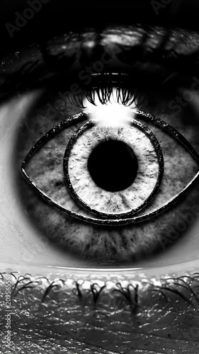 Macro human eye with detailed iris and bright reflection.
