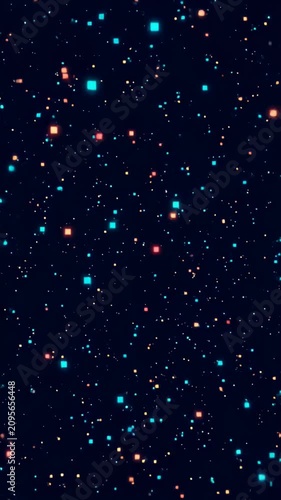 Glowing blue and orange pixels in space.
