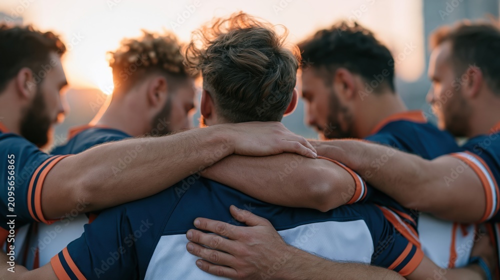 Obraz premium Sports team players embracing in a huddle against a sunset sky